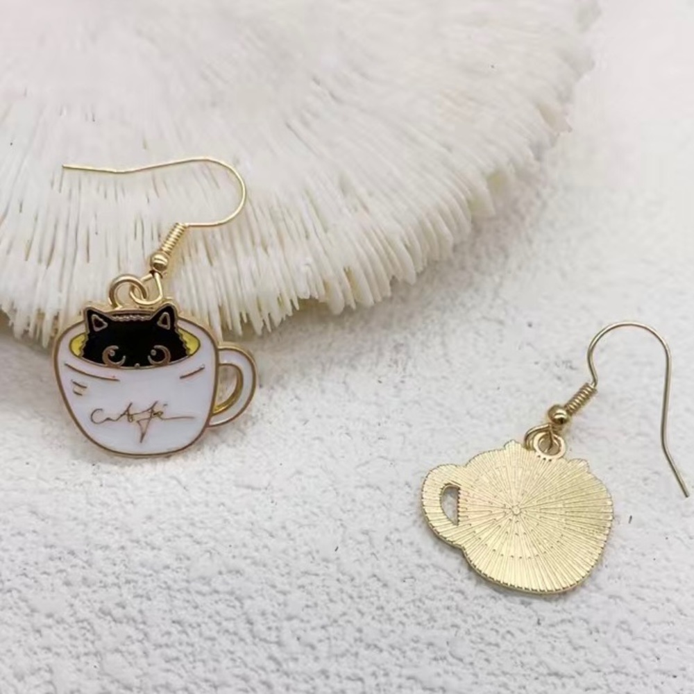 Coffee Cat Lover Cafe Dangling Gold Earrings Limited Edition Kawaii Kitty Gift - Picture 5 of 9